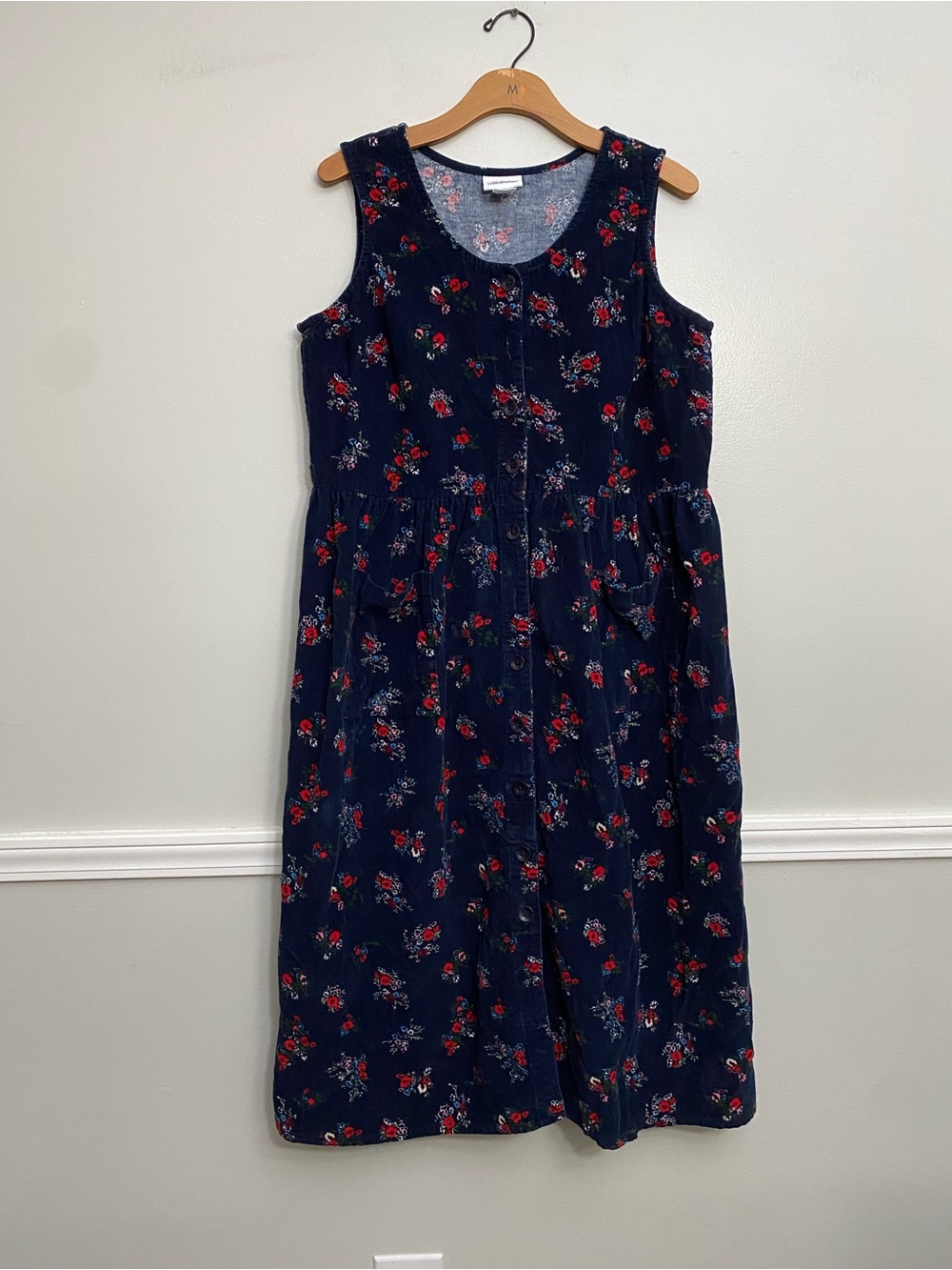 Vintage Floral Corduroy Vermont Country Store Navy Cotton Maxi Dress - L